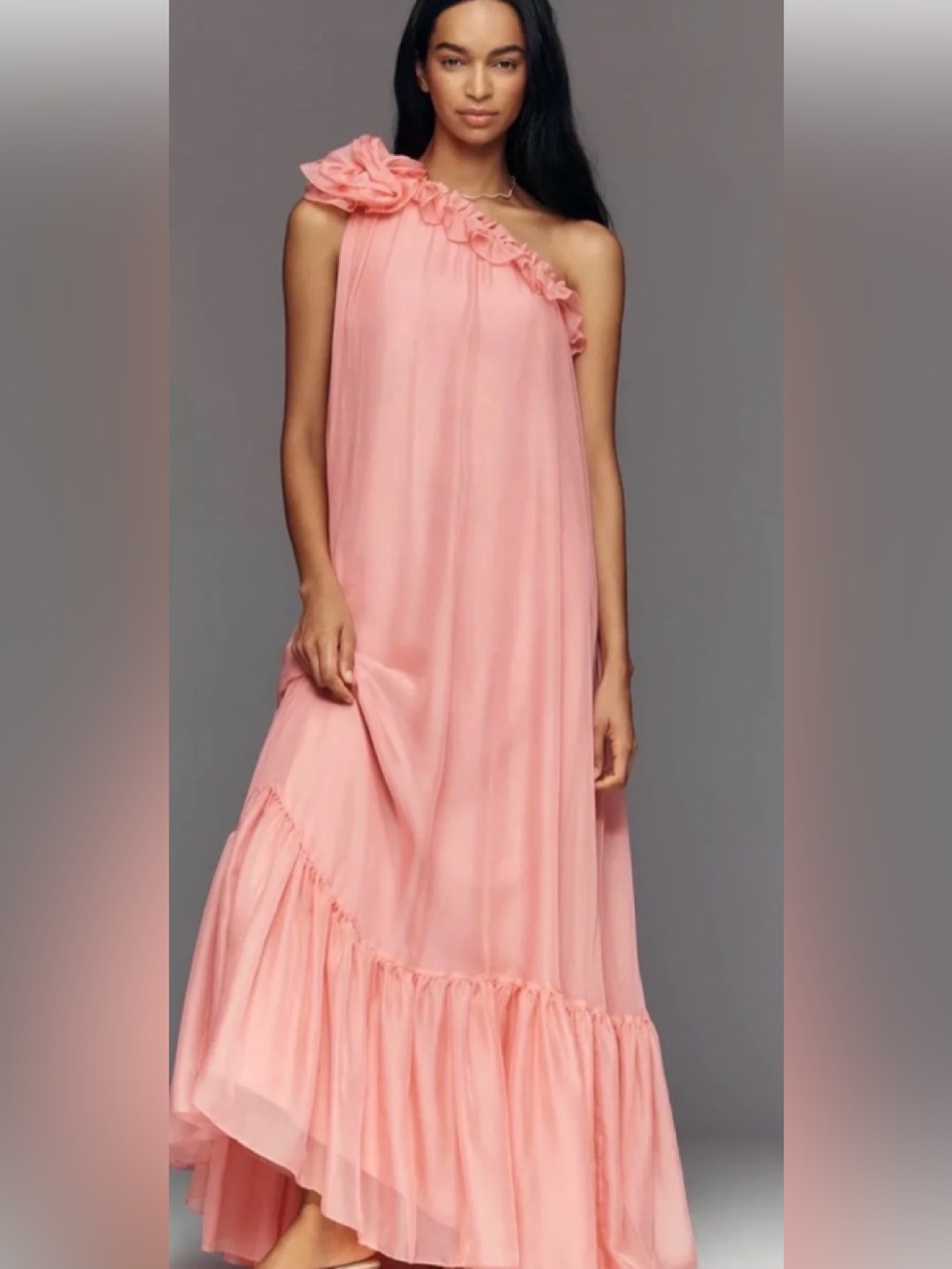 Mac Duggal Pink One  shoulder Chiffon Gown With 3D Rosette large $298